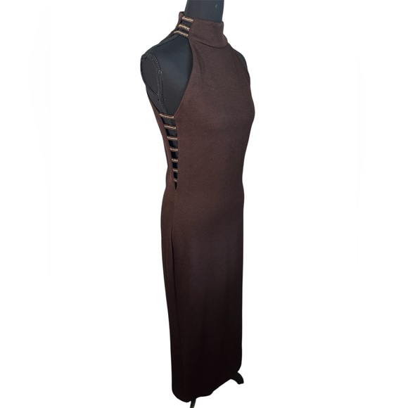 St. John Evening Knit mock neck gown rhinestone collar chocolate brown dress 4 - Picture 1 of 12